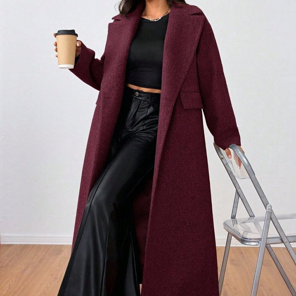 Burgundy Casual Women's Lapel Long Coat